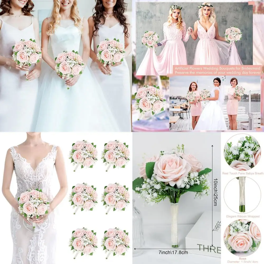 

Набор букетов из персиково-розовых роз и гипсофилы (6-7 шт.) для подружек невесты, идеально подходит для свадеб и торжеств