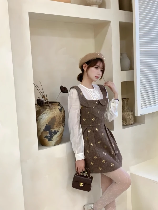 Rich Girl Sle Ele Long Sve Splice Dr Slimming ort A-Line Skirt Fake Two-Piece Design Waist-Cinching Faionable