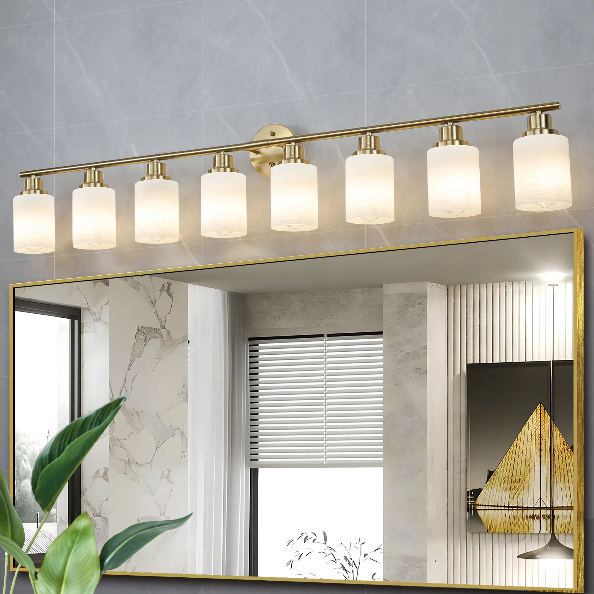 8-Light Golden Bathroom Vanity Light Fixture, Frosted Glass Shades, Modern Wall Mounted Lighting (No Bulbs)