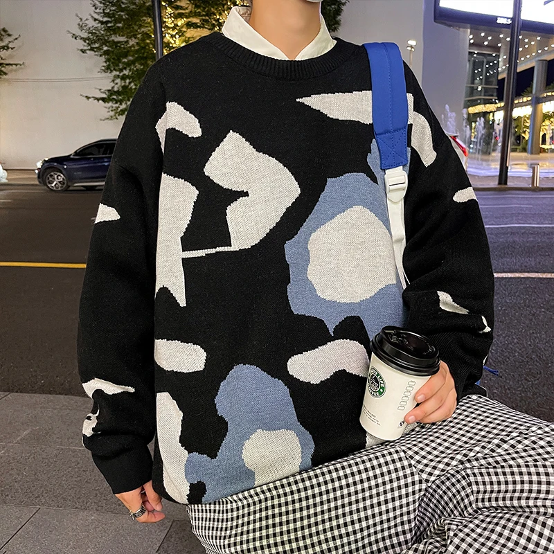 Men\'s Winter Knitted Sweater Pullover Print Korean Fashion Clothes Knitwears Clothing Round Neck Loose Versatile Warm Camo