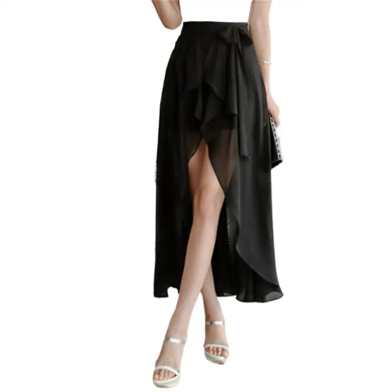 

Vintage Chiffon Skirts Women Asymmetrical Loose Long Skirts Female Elegant OL High Waist Ruffles Skirts Vestidos faldas