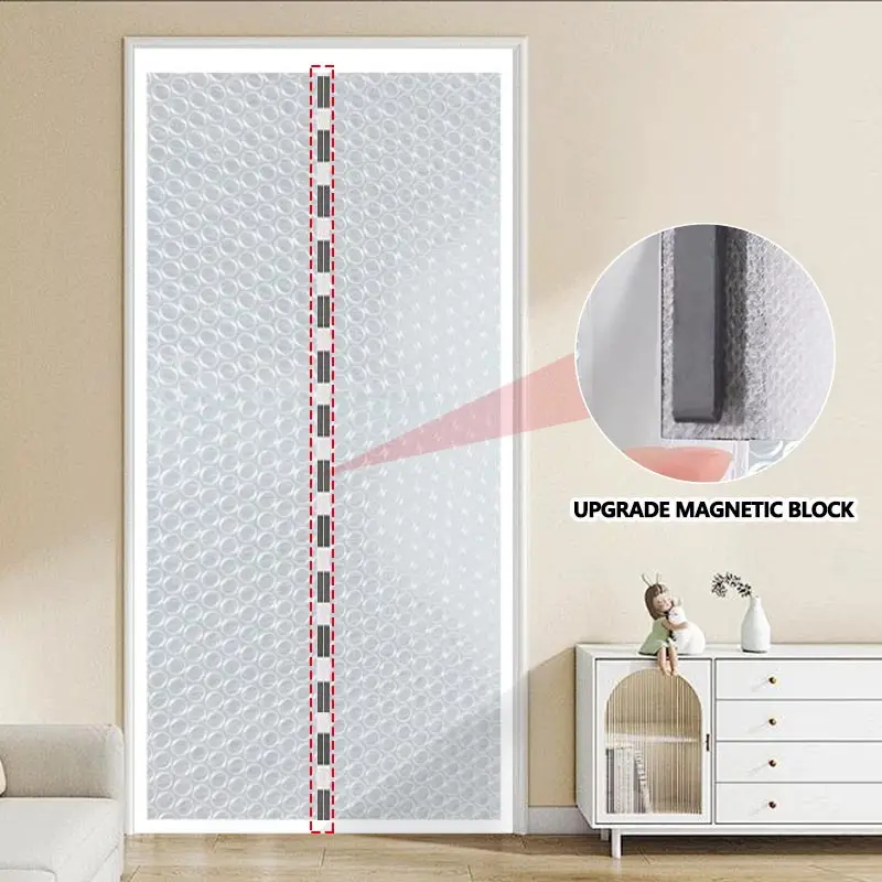 Magnetic self-adhesive perforated bubble film partition door curtain, winter cold proof and anti cold air conditioning curtain