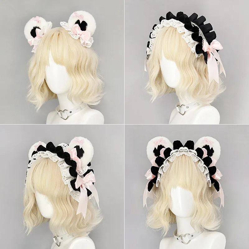Cute Lolita Bear Ear Headband with Detachable Hair Clips Lace Ruffle Bow Sweet Style Wrist Cuffs for Cosplay Daily Wear