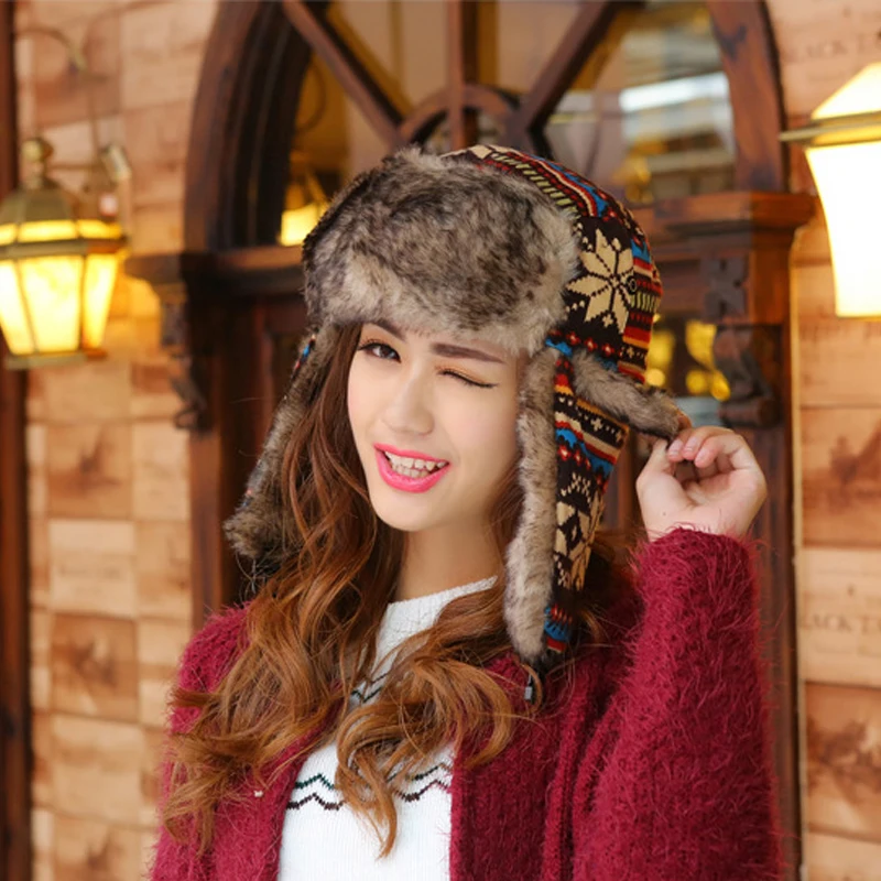 2023 Korean Style Snowflake Pattern Russian Ushanka Hats with Earflap Warm Women Colorful Bomber Hats Ladies Windproof Cap