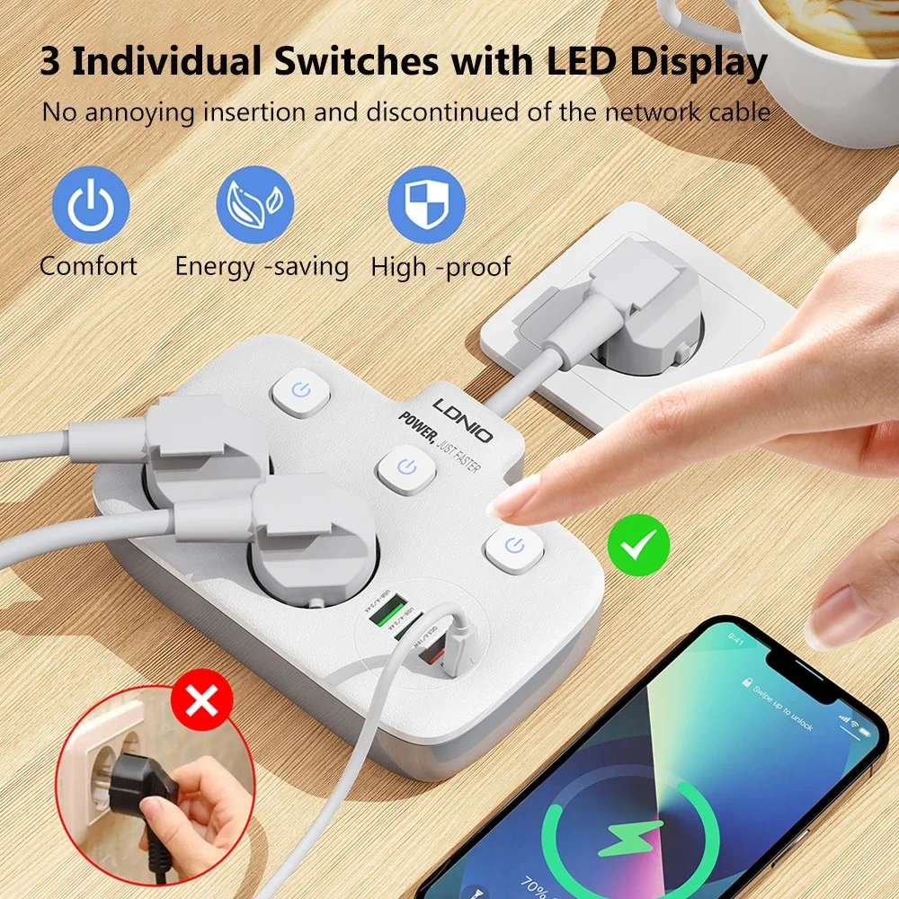 LDNIO Power Strip Short Cable Wall Socket 4 USB 2 AC Multi Outlet Surge Protector Home/Office Network Filter Eu Kr Plug Adapter