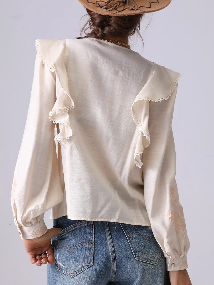 French Embroidered Shirt Blouses Women 2025 Spring And Summer Apricot Long-sleeve Lace-up V-neck Ruffle Top