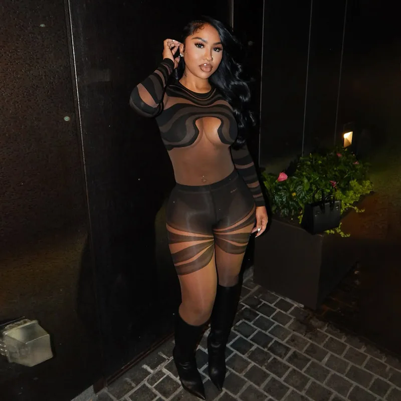 

2025 Spring Summer Women's Fashion New Color-block Printed Mesh See-through Sexy Tight Long Pants Jumpsuit