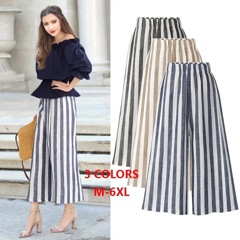 

Women Summer Pants M - 6XL 3XL 4XL 5XL Cotton Linen High Waist Striped Wide Leg Pants Summer Autumn Loose Casual Brand