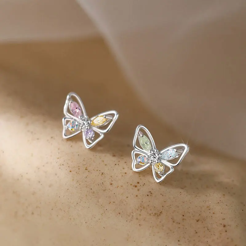 HI MAN 925 Sterling Silver Sweet and Cute Four Seasons Color Zircon Butterfly Stud Earrings Women Trend All-match Jewelry