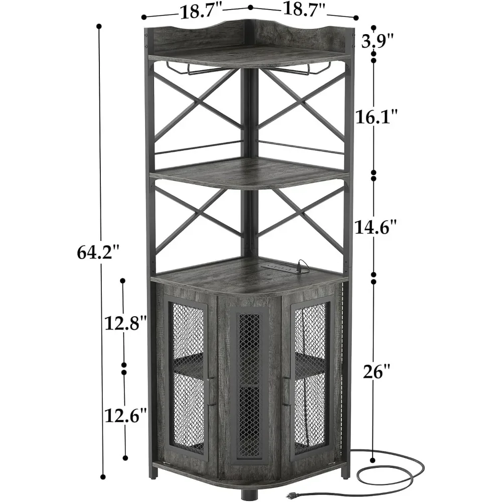 Armoire à vin industrielle avec bande LED et porte-verre, armoire de bar d'angle avec prise de courant, vitrine en chêne gris