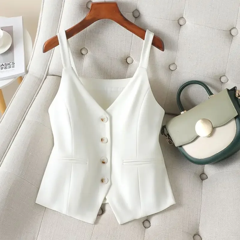 Korean Sling Short Vest Women's Spring Autumn 2024 New Thin Casual Sleeveless Blazer Waistcoats Female Jacket Solid Color Tops