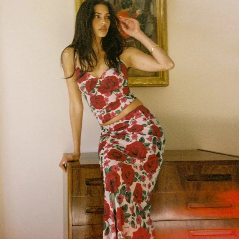 Ensemble 2 pièces pour femme, haut camisole à imprimé rose et jupe sirène, tenue de fête d'été