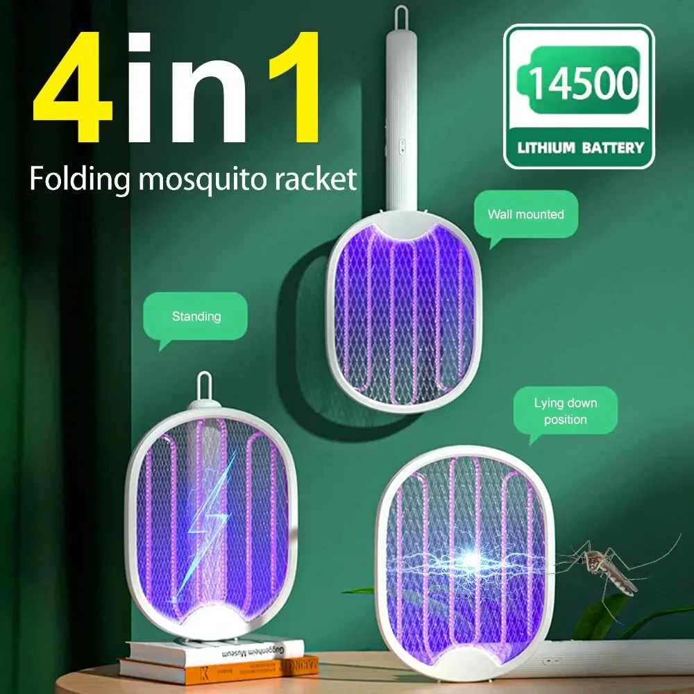 Opvouwbaar elektrisch muggenmoordenaarracket - 3000V bugzapper met UV-licht, USB oplaadbare vliegenmepper insectenval