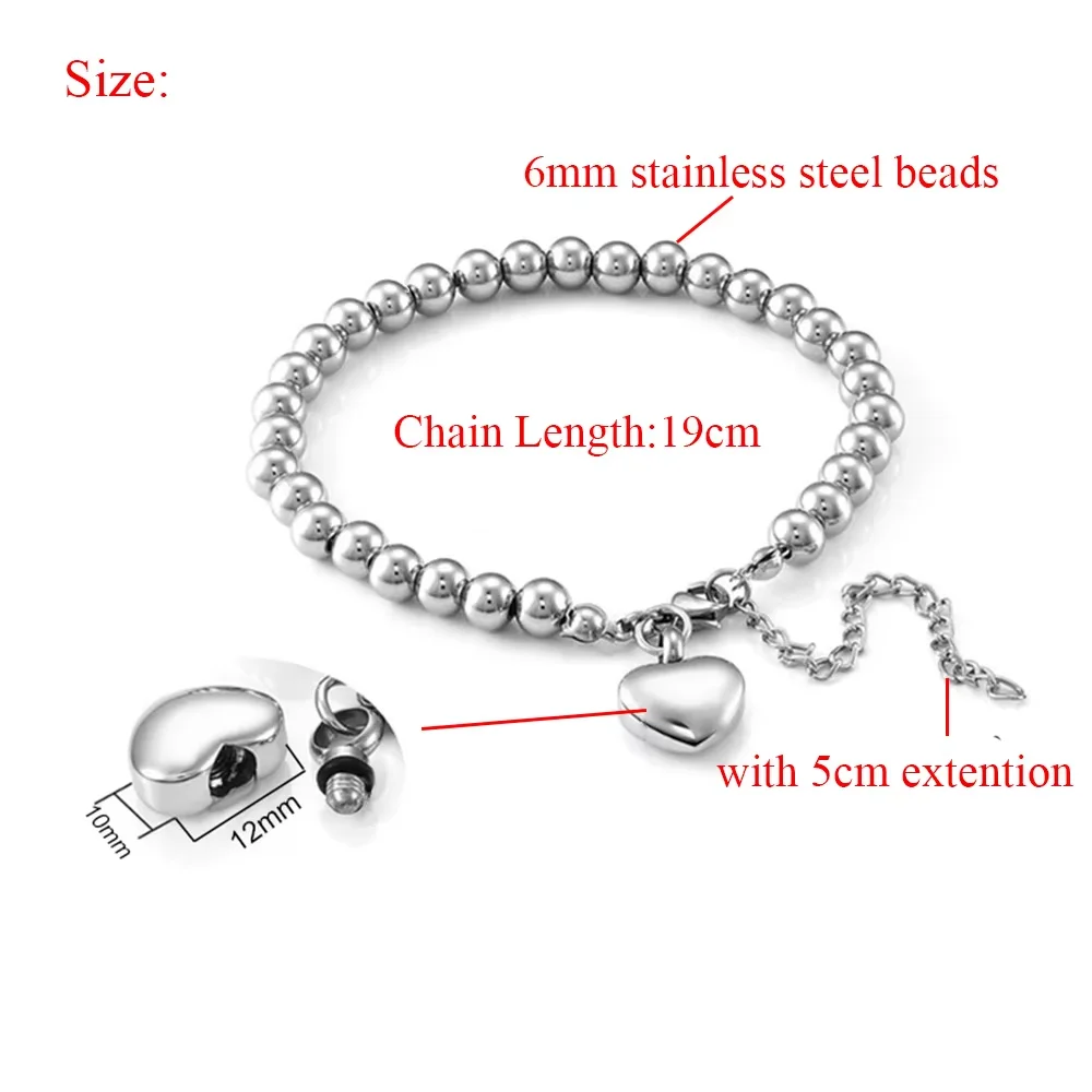 Herzförmiges Urnen-Armband aus Edelstahl mit türkisfarbenen Perlen, dehnbares Armband für Asche, Geschenk für Frauen – Detail 12