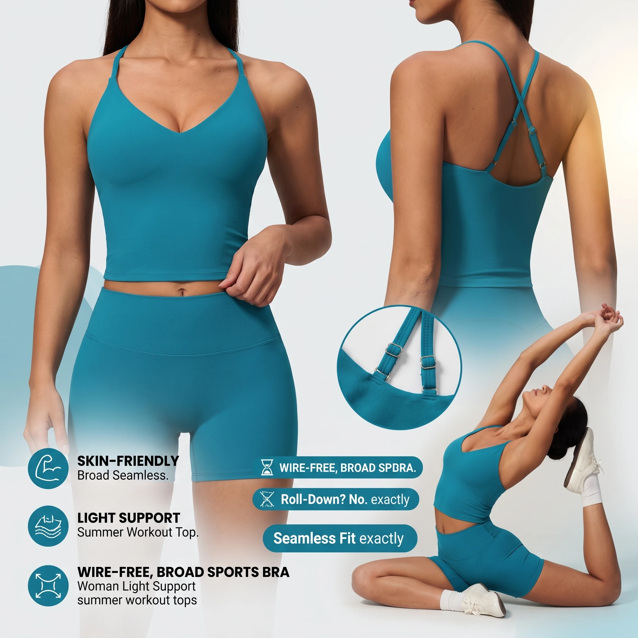 Deep V Neck Strappy Back Yoga Bra broad Spaghetti Straps Wirefree Broad Sports Bra Woman Light Support summer workout tops