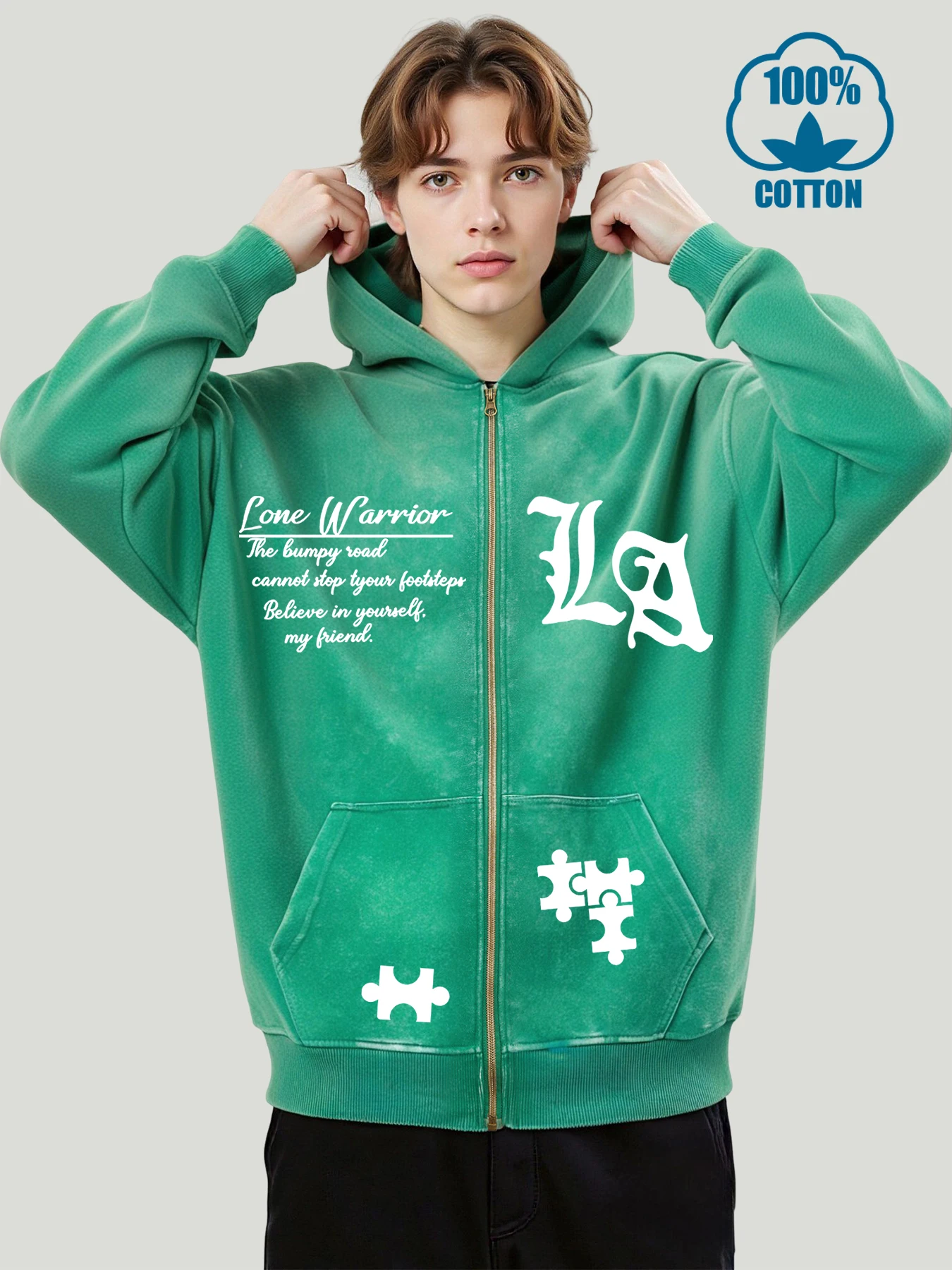 

Мужская стираная толстовка на молнии с художественными буквами и головоломками, осенние толстовки, хлопковая повседневная уличная одежда, мужская свободная винтажная толстовка