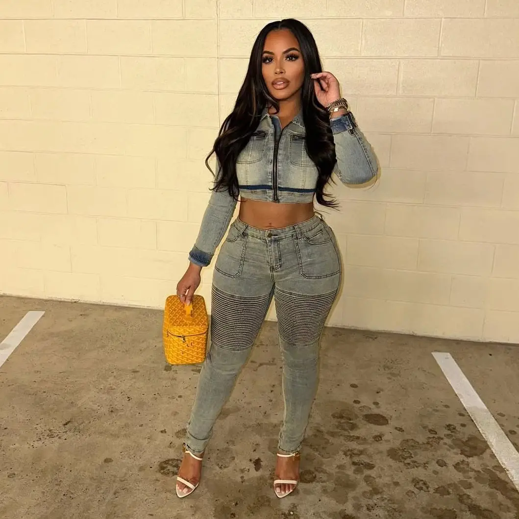 

Sexy Denim Jackets Tops Two Piece Sets Matching Outfits 2025 Y2K Streetwear Women Pencil Denim Jean Pants Winter 2 Piece Sets