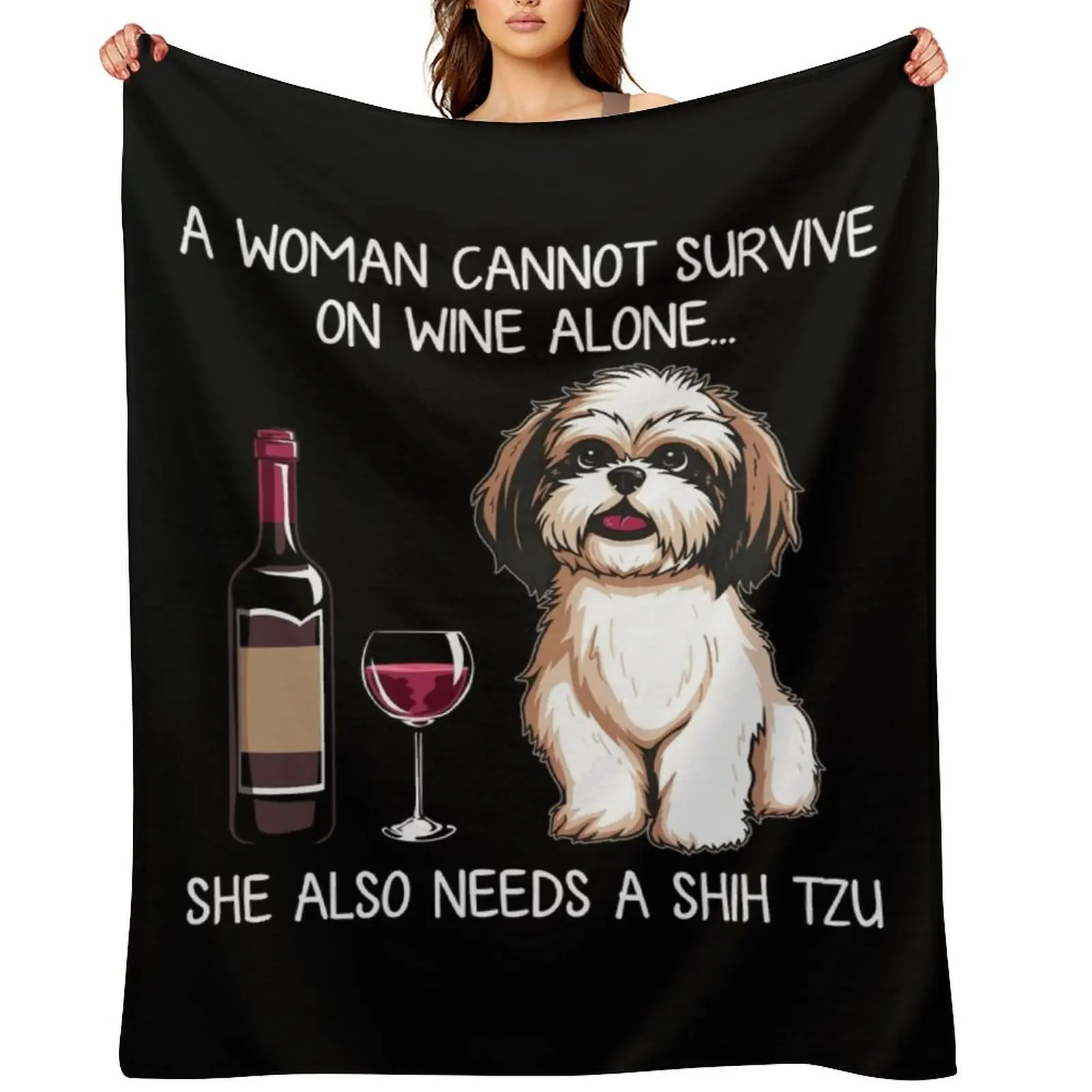 

Shih Tzu and wine Funny Dog Throw Blanket Moving Travel Multi-Purpose Furry Blankets
