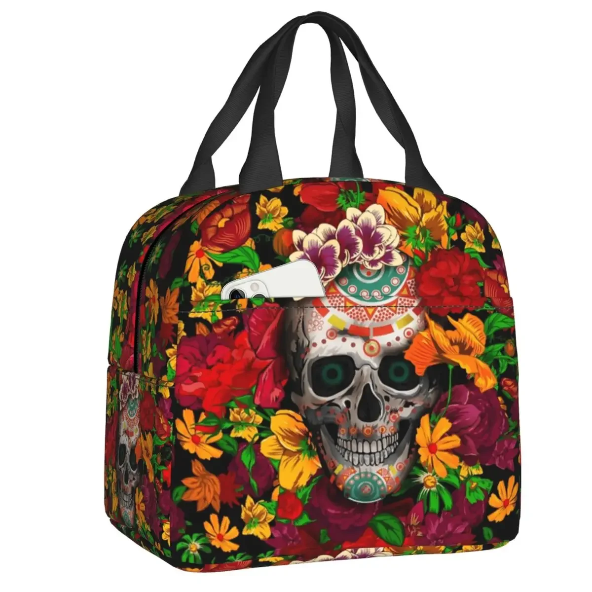 

Day Of The Dead Sugar Skull Flower Lunch Box Women Floral Thermal Cooler Food Insulated Lunch Bag School Children Student