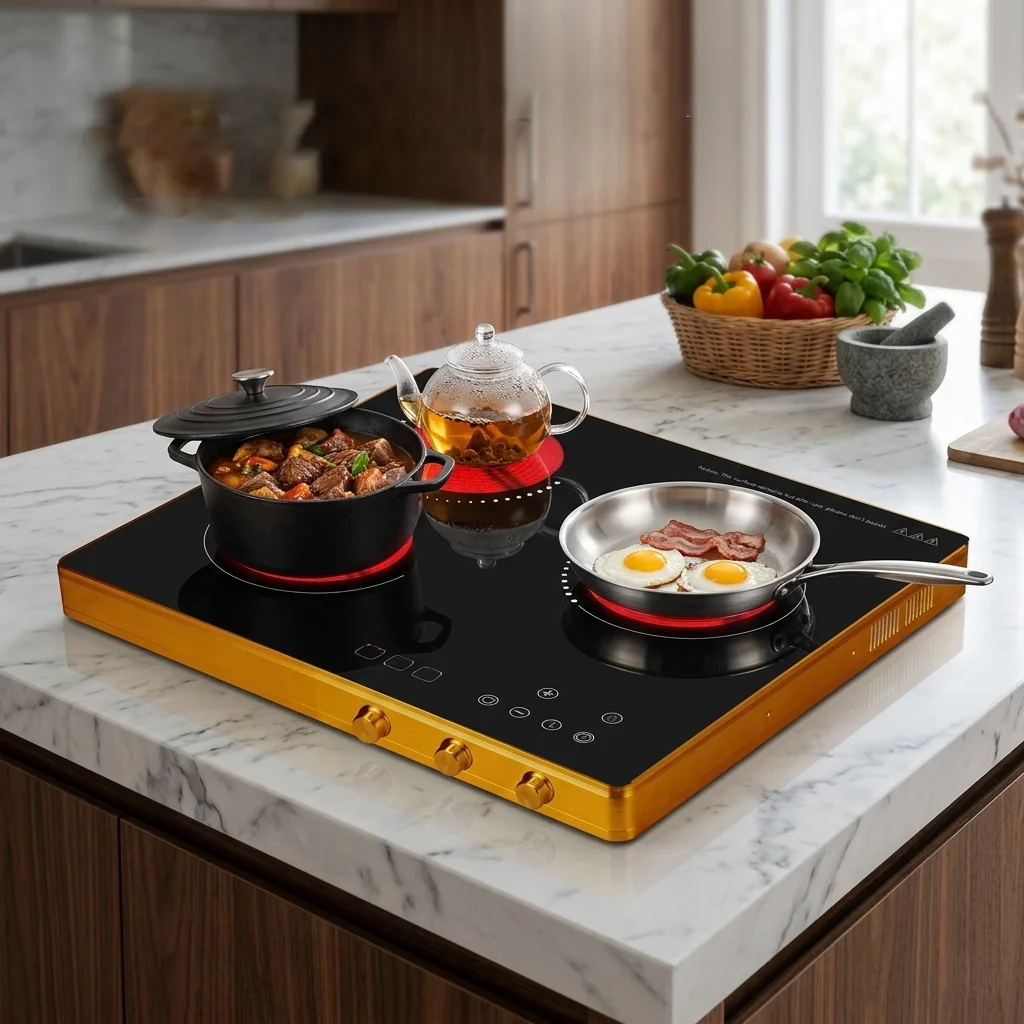 Luxury 3 Burner Electric Ceramic Hob Built-in Kitchen Cooktop with Gold Finish and Physical Knob Control 220V