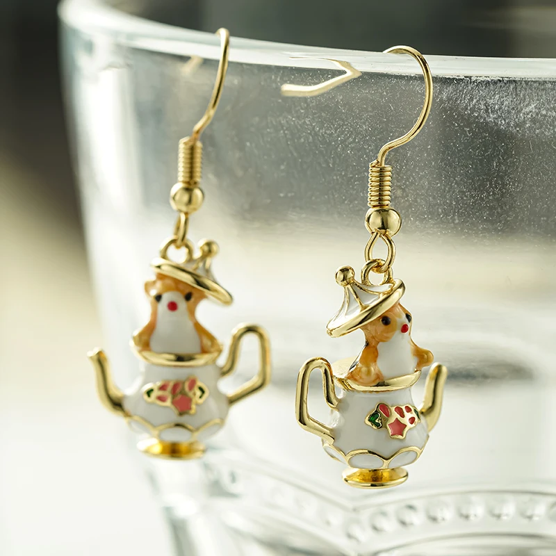 Huitan 2026 New Arrival Cute Hamster Teapot Dangle Earrings for Women Gold Color Enamel Animal Earrings Gift Statement Jewelry