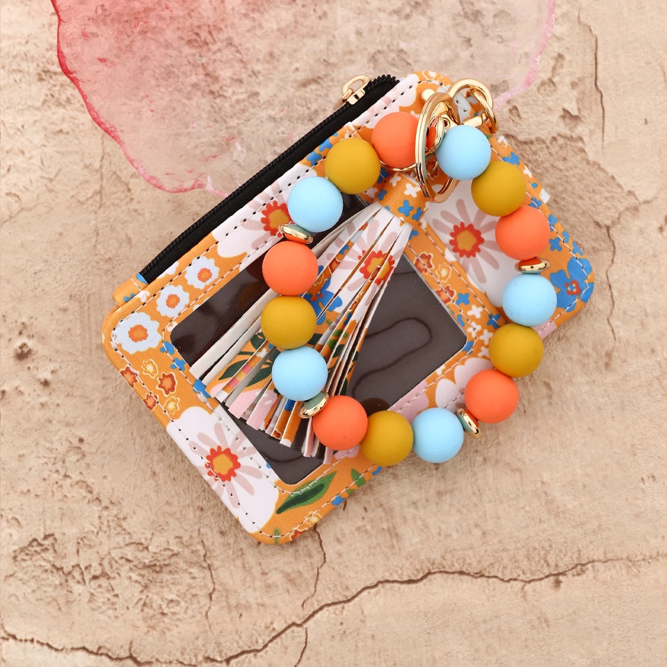 2025 سيليكون حبة سوار جلد حافظة للبطاقات السوار المفاتيح سيليكون سوار محفظة الإسورة فلوريت مطبوعة مجزأة حقيبة الهوية #5