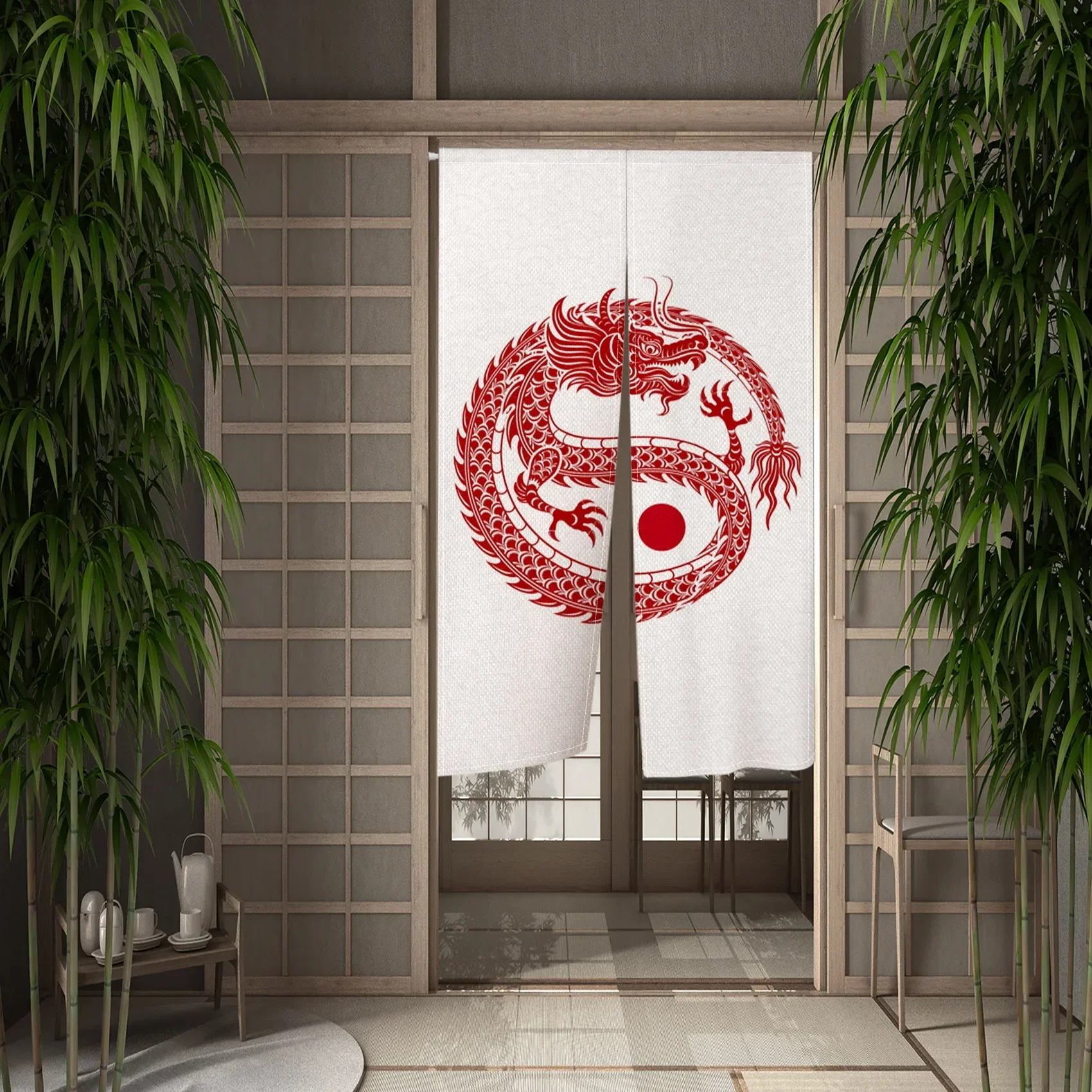 

Traditional Japanese Door Curtain Dragon Pattern Oriental Mythology Linen Home Entrance Interior Partition Decor Half Curtain