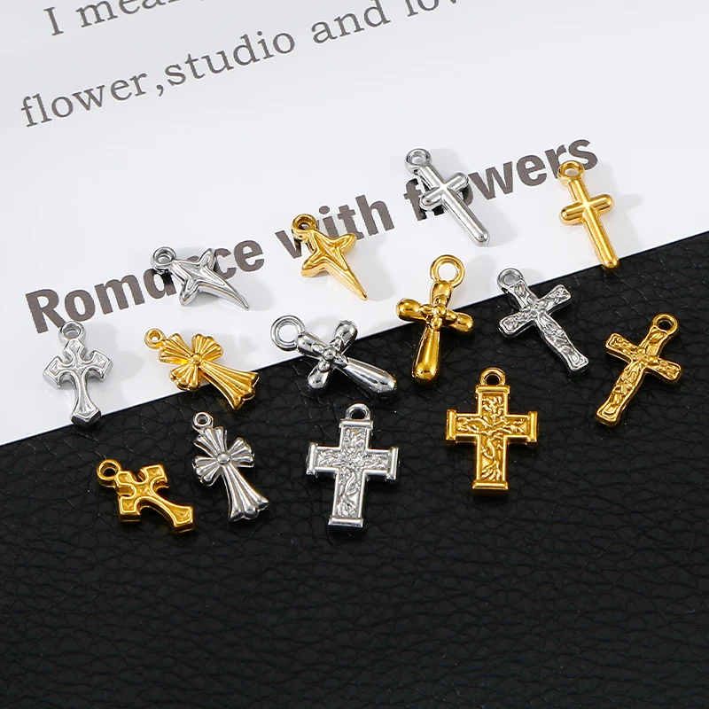 5pcs Stainless Steel Religious Cross Small Charms for Jewelry Making Supplies Love Crosses Pendant Connector DIY Accessories - Detail 1