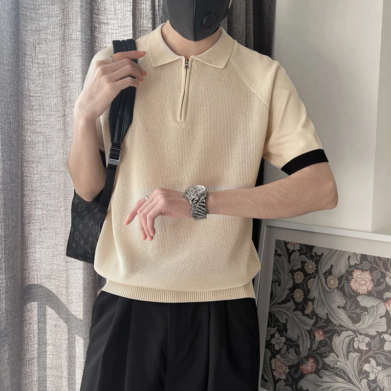 High-quality Men Polo  Stretchable, Breathable for Daily Leisure Wear, Short-sleeved T-shirt, Zip-neck Lightweight Knit Sweater.