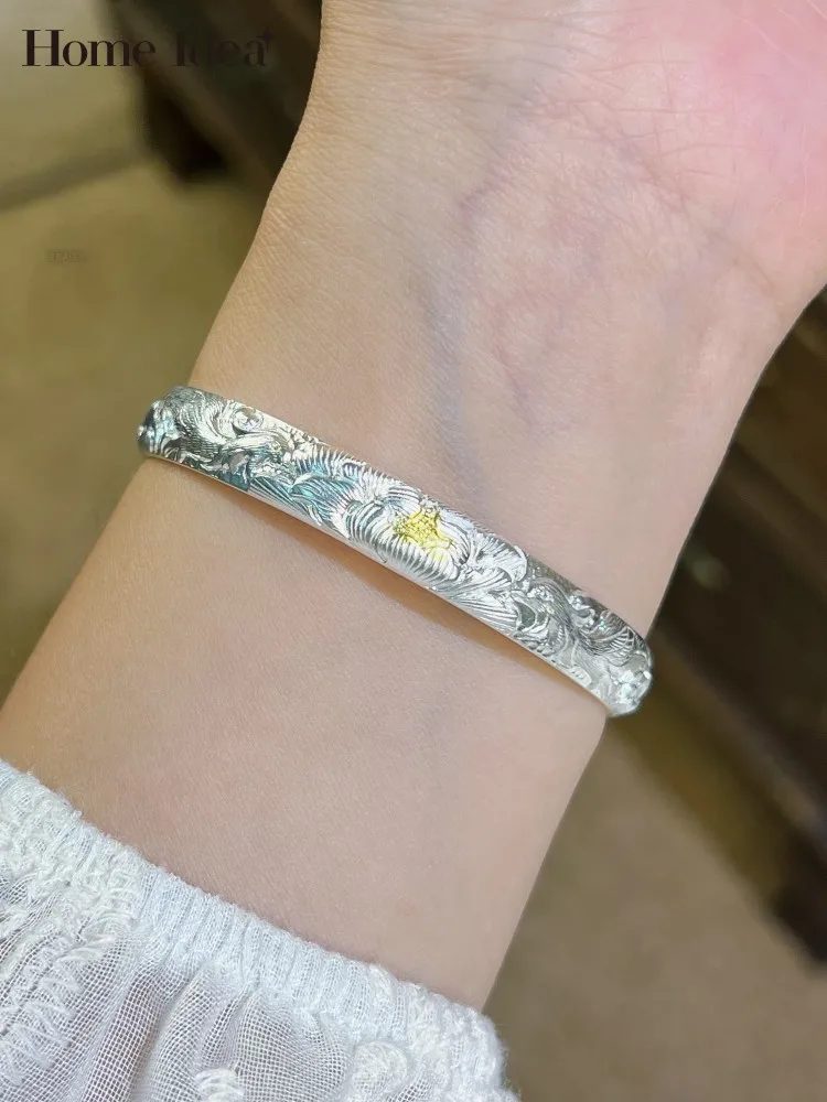 

Новый браслет из чистого серебра 999 пробы в китайском стиле с изысканной резьбой, дизайнерские винтажные ювелирные изделия, открытые браслеты-манжеты из стерлингового серебра