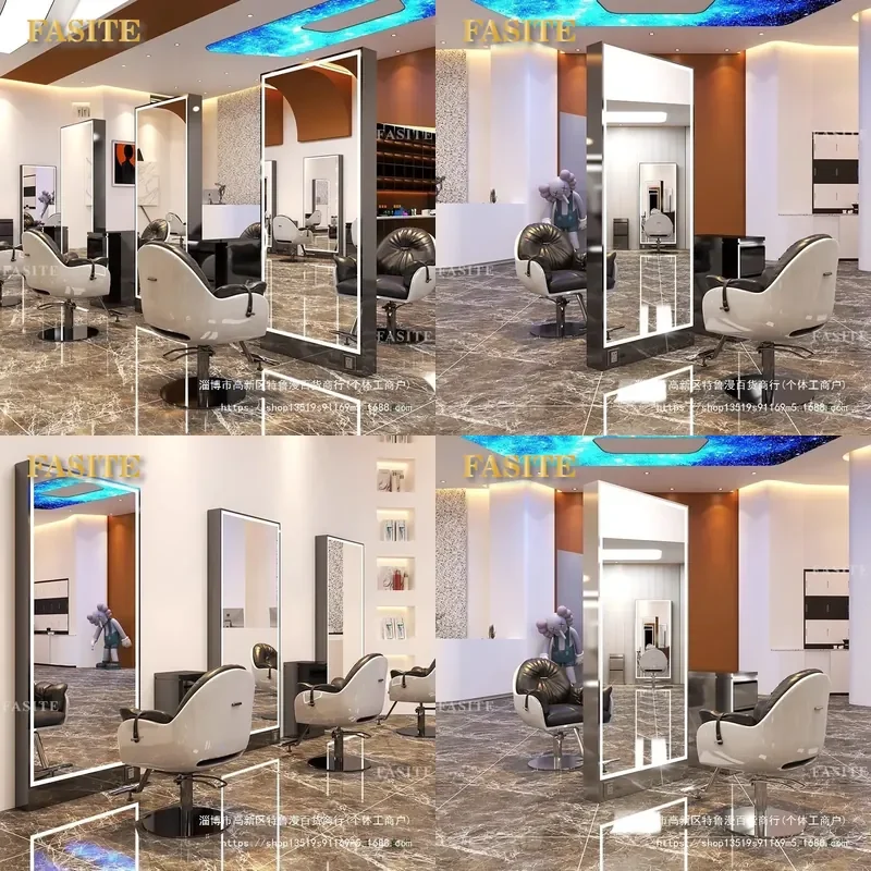 For Hair LED Mirror Wall Mounted Floor Standing Barber Shop Double Sided High End Hair Cutting Table with Light Modern