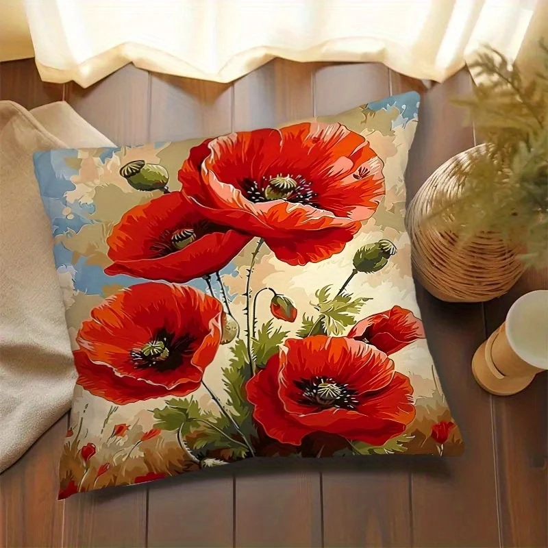 VIKAMA Vintage Poppy Pillow Cover Watercolor Floral Print Soft Cushion Case for Home Living Room Decor