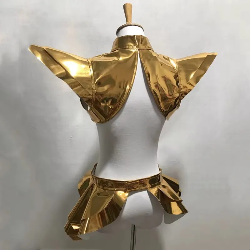 النساء ملابس رقص الجاز الذهب والفضة براءات الاختراع والجلود تحلق منصات الكتف تنورة أداء الملابس ملهى ليلي Gogo المرحلة زي