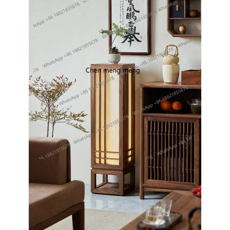 New Chinese black walnut floor lamp living room study decorative lamp solid wood zen vertical