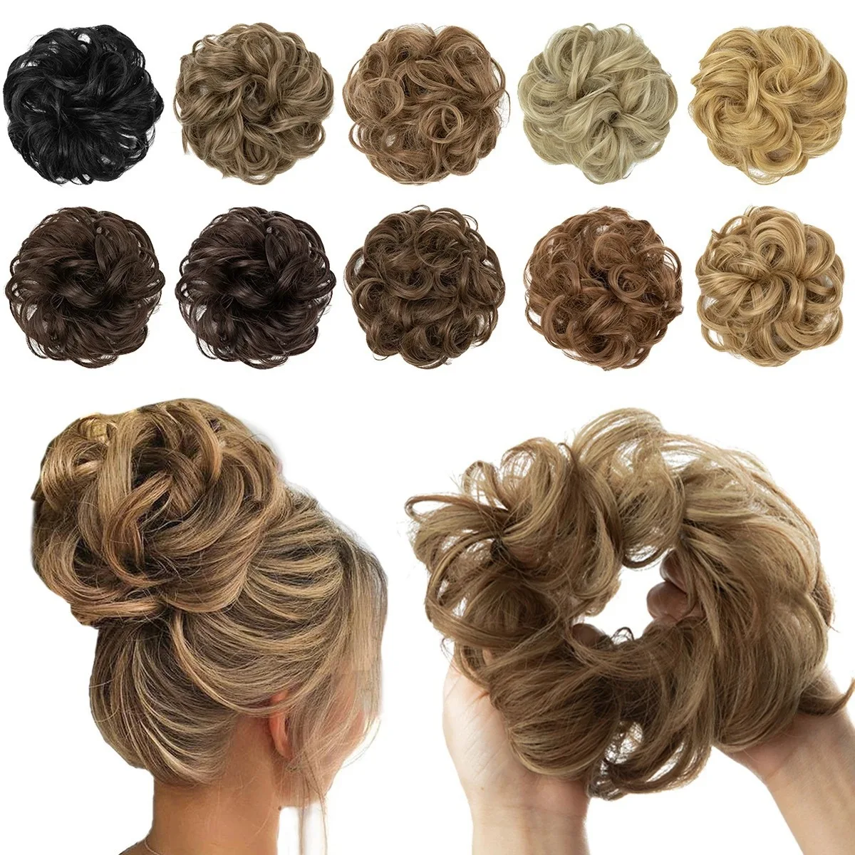 Synthetic Messy Updo Chignon Premium Big Curly Elastic Hair Scrunchies Hairpieces Donut Updo Blonde Brown Hair Pieces For Women