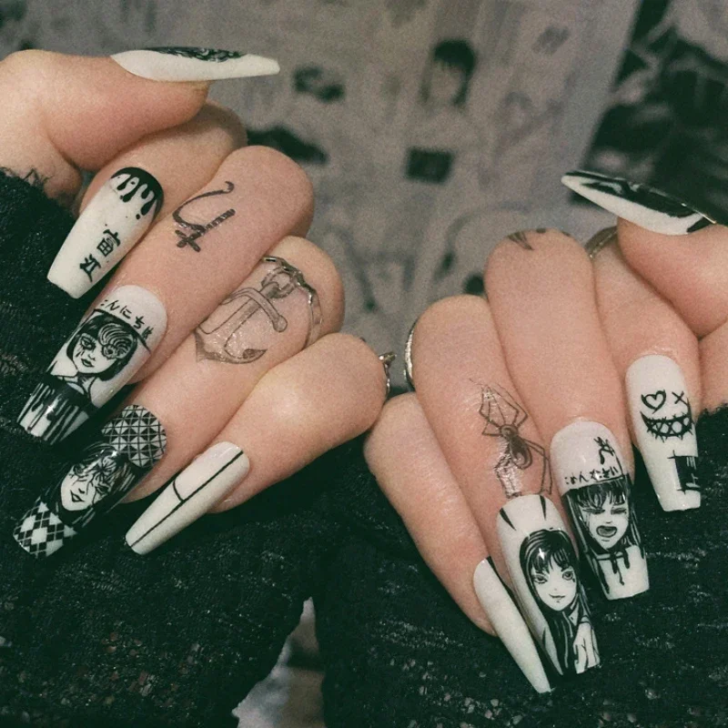 24Pcs/Set Press on Nails Almond Tomie Pattern Japanese Anime Nails Black Wearable Acrylic Fake Nails Halloween Nail Art Tips