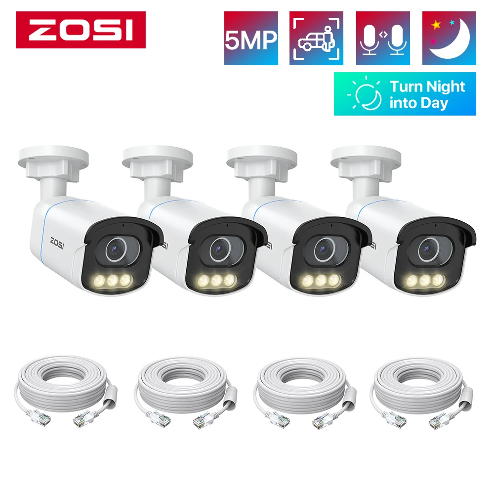 ZOSI C186 2PK/4PK 3K PoE Surveillance Camera Aurora Lux True Color Night Vision Person Vehicle Detection 5MP HD Security IP Cam