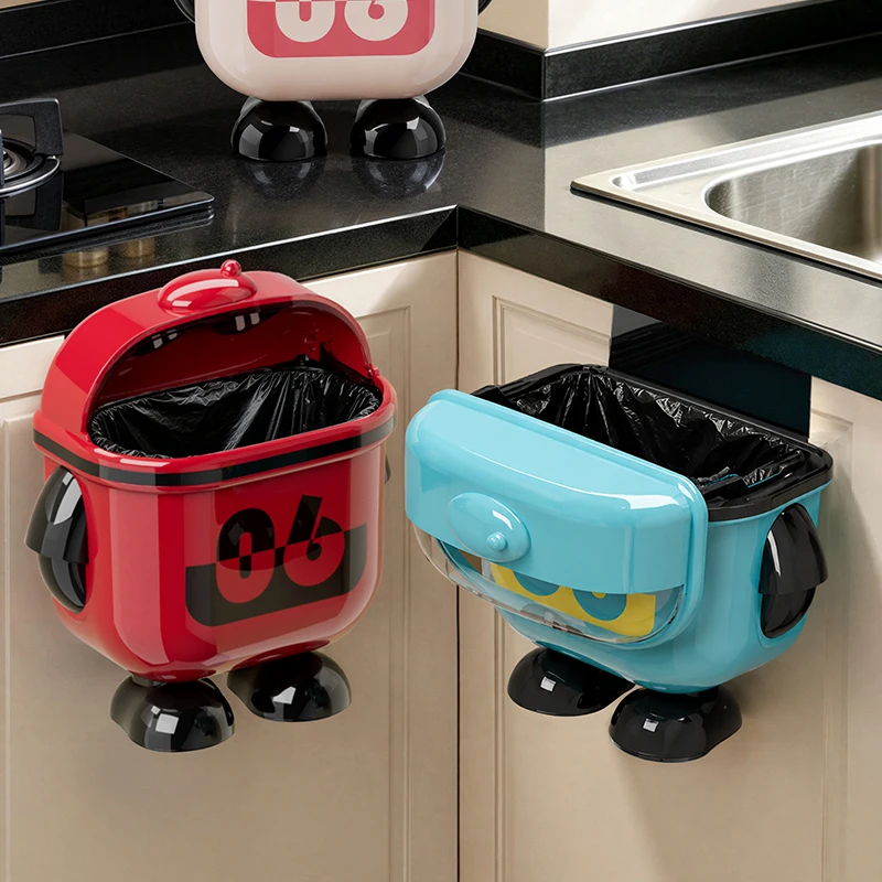 Cute Robot Wall Mounted Trash Can with Lid, Punch-free Hanging Waste Bin for Bathroom Kitchen Cabinet, Cartoon Small Garbage