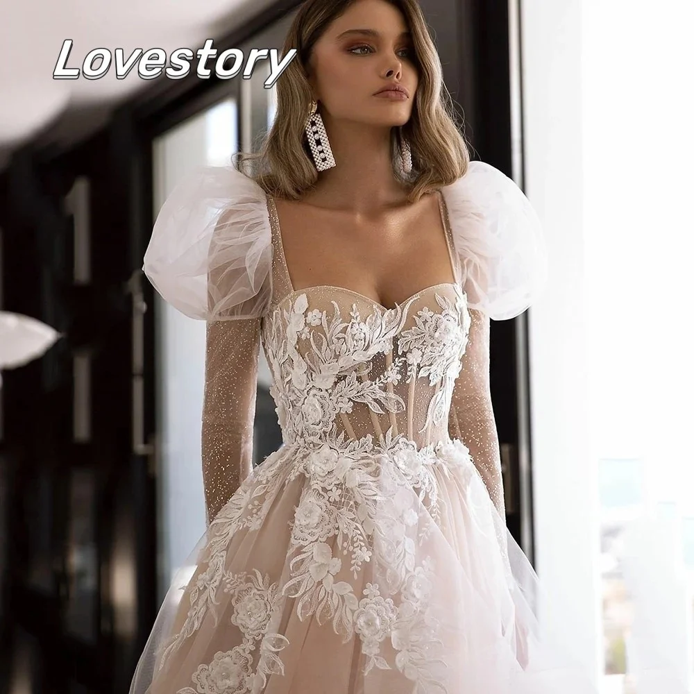 Champagne principessa pizzo Tulle abiti da sposa moderni Sweetheart manica lunga a sbuffo abito da sposa glitterato Plus Size abiti De Noiva