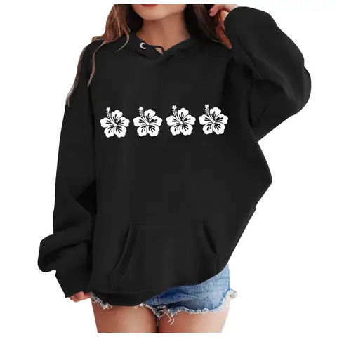 Women Hibiscus Flower Print Hoodie, Hawaii Floral Graphic Pullover Hooded Sweatshirt Long Sleeve Pocket Casual Streetwear Tops