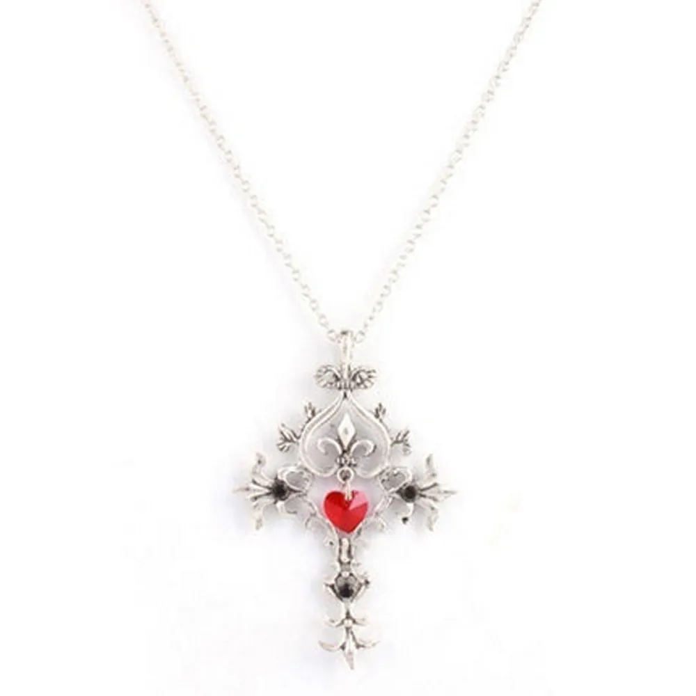 2024 New Fashion Necklace Retro Design Vampire Diaries Red Heart Memorial Cross Necklace Pendant Necklaces For Women Party @30