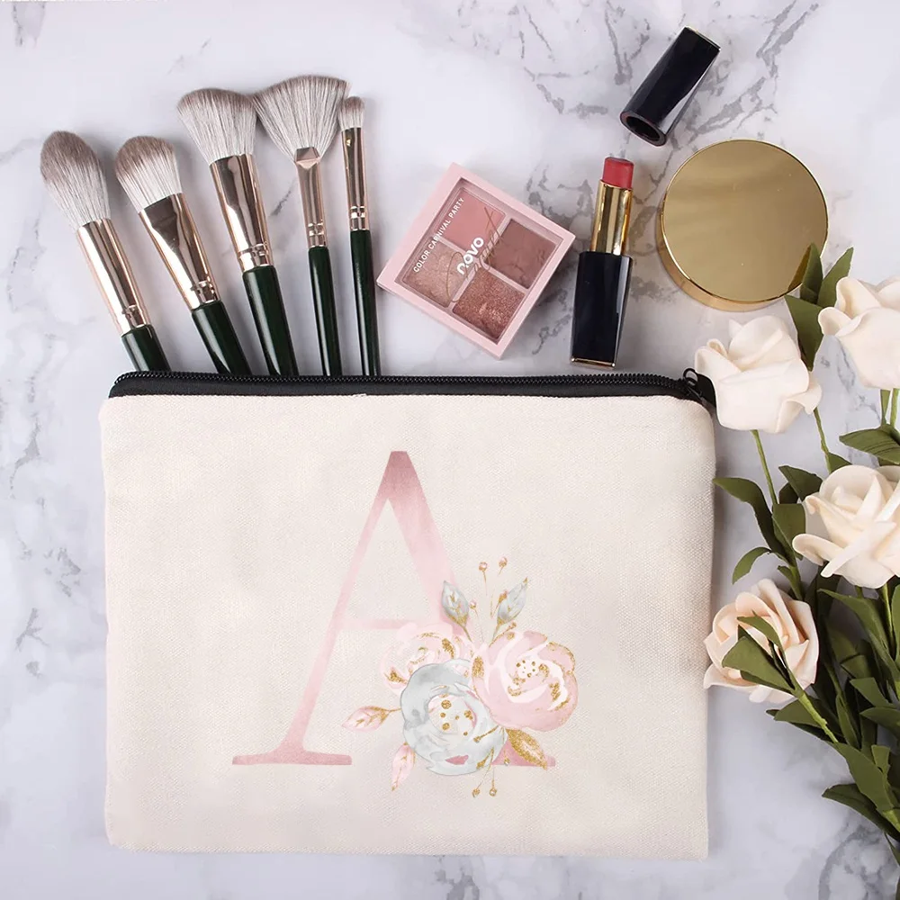 Cosmetic Bag Wedding Makeup Bags Toiletries Storage Pencil Bag Pink Flower Letter Print Organizer Wallet Clutch