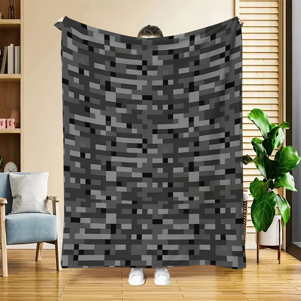 Pixelated Gray Camo Flannel Blanket Single Sided 2DPrint Modern Blanket Bedroom Living Room Gaming Room Edgy Vibe Accessory Gift
