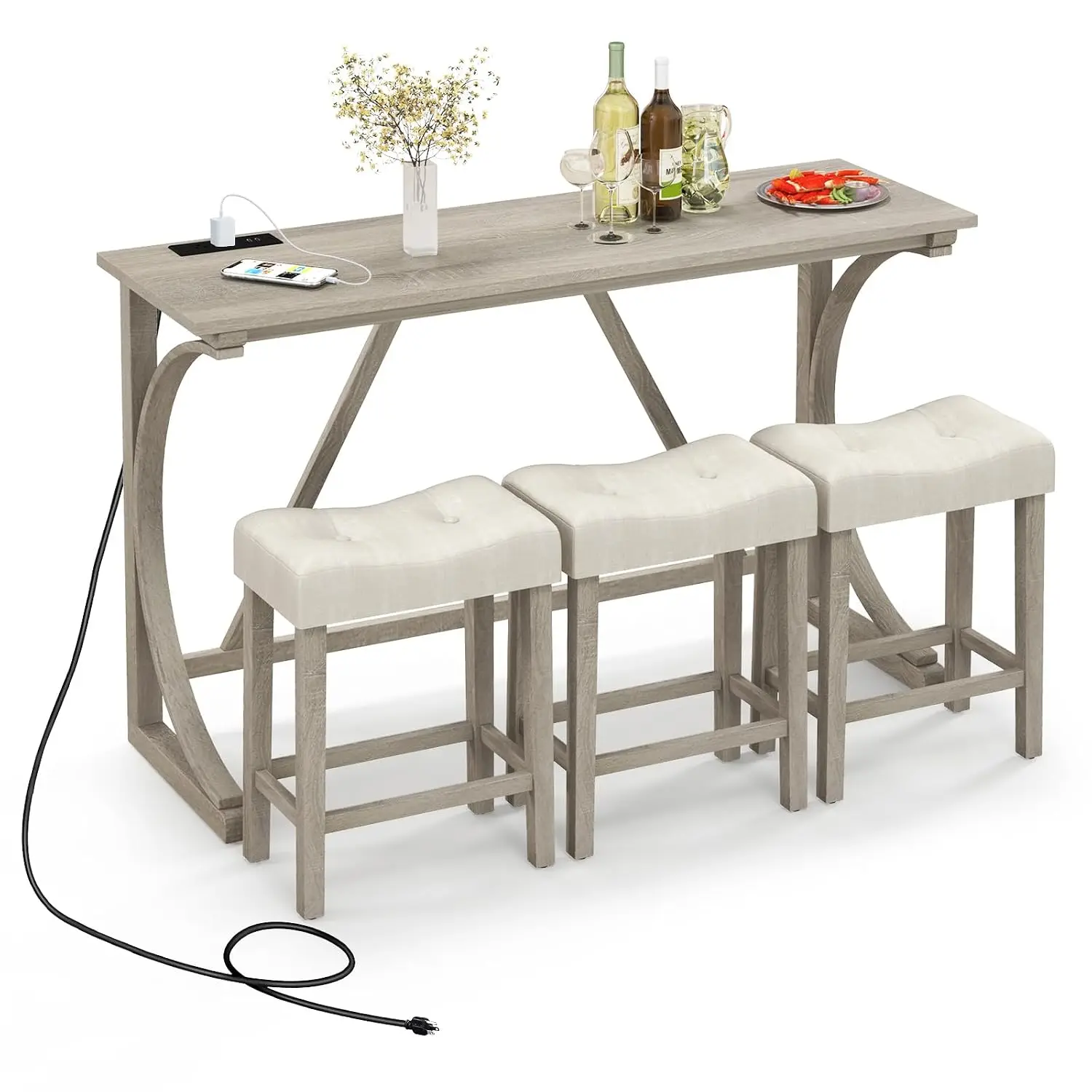 4-Piece Farmhouse Bar Table Set with Power Outlet