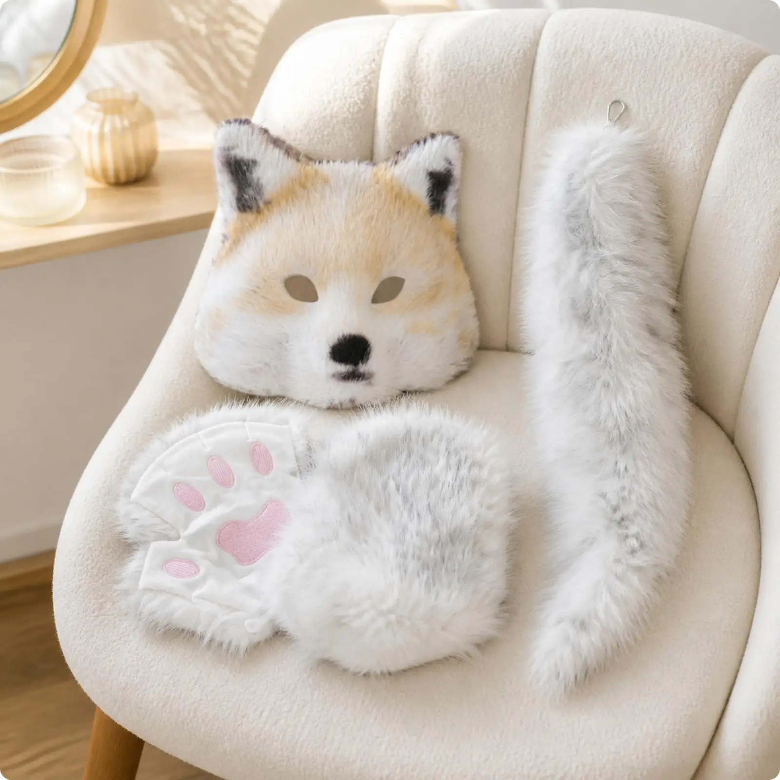 Faux Fur Fox Tail Costume Accessory Set with Animal Mask and Gloves for Themed Party Performance and Stage Show