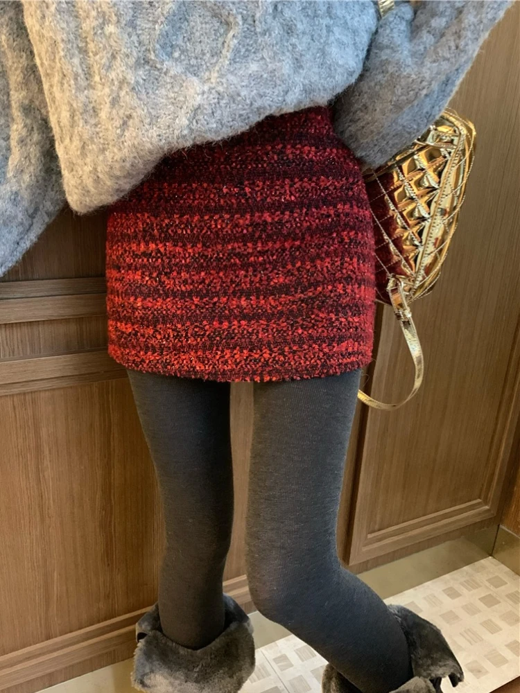 Koreanische Mode Vintage Tweed A-Line Mini Rock Frauen Winter Hohe Taille Wolle Mischung Chic Kurzen Rock Retro Süße Kühle Casual stil