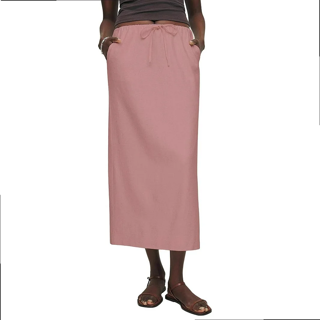 Cotton Linen Skirt Spring Summer High Waist Elastic Waist A Line Midi Skirts Casual Split Hem Skirt