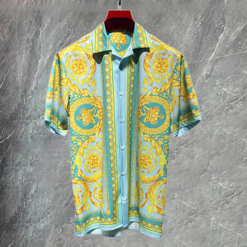 Autumn Streetwear Hip Hop Fashion Green Gold RetroTop Hawaiian Beach Shirts European Flower Print Shirt Camisa Floral Masculina