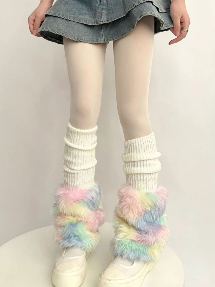 

Color Furry Patchwork Knitted Long Socks Women Y2k Aesthetic Sweet Grunge Leg Warmers Foot Cover Ladies Fairy Crochet Boot Cuffs