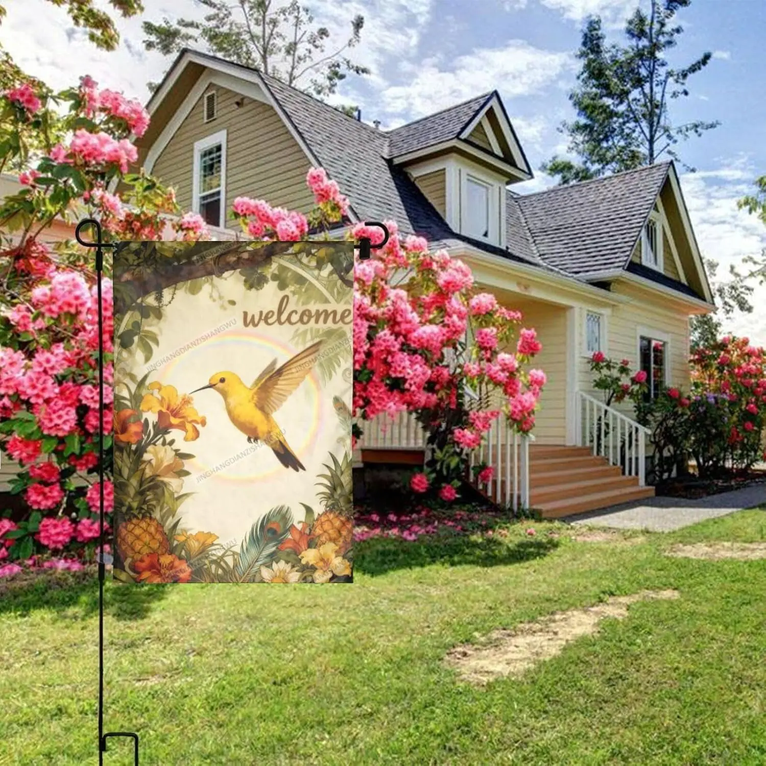 Spring Floral Garden Flag Yellow Hummingbird Rainbow Hibiscus Pineapple Flowers Welcome 12X18 Inch Double Sided Small Season MMZ